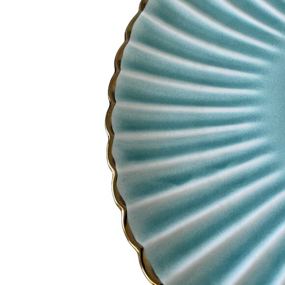 Aqua Ceramic Dinner Plates 11" Turquoise Scalloped Edge Gold Accent Set of 4 New - Picture 10 of 16